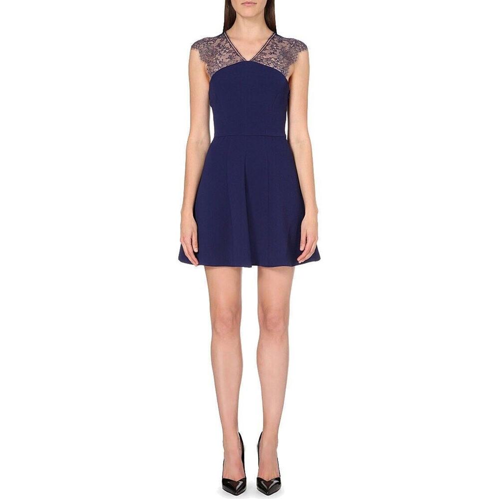 The Kooples Lace Crepe Fit and Flare Mini Dress Navy Blue V Neck Sleevel…